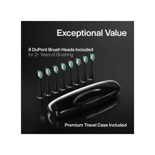 Cepillo dental eléctrico Aquasonic con sus 8 cabezales de repuesto y estuche de viaje premium incluidos