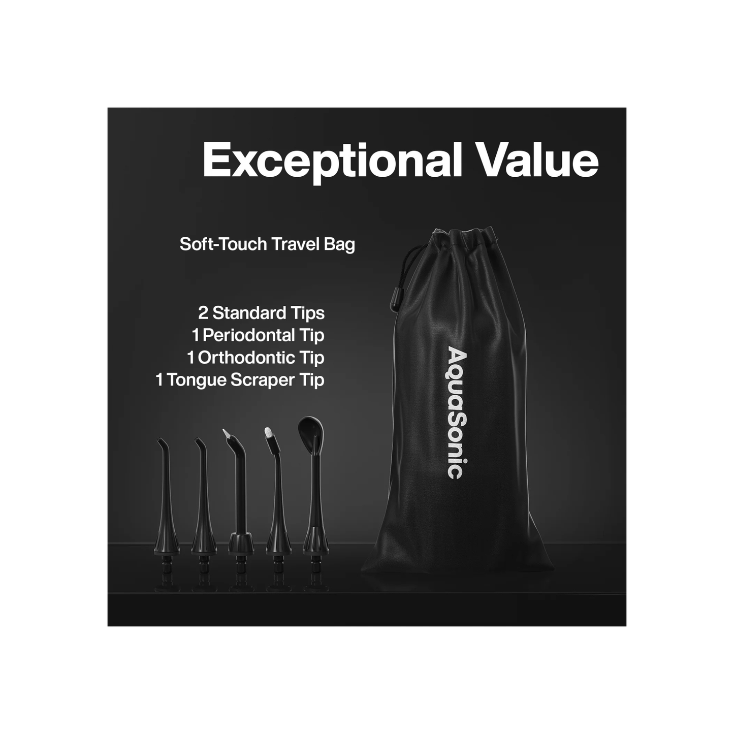 AquaSonic Aqua Flosser: bolsa de viaje incluida y set de 5 boquillas (2 estándar, periodontal, ortodóntica y raspador de lengua)
