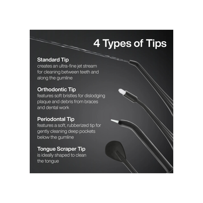 Los 4 tipos de boquillas intercambiables del irrigador bucal AquaSonic: estándar, ortodóntica, periodontal y raspador de lengua