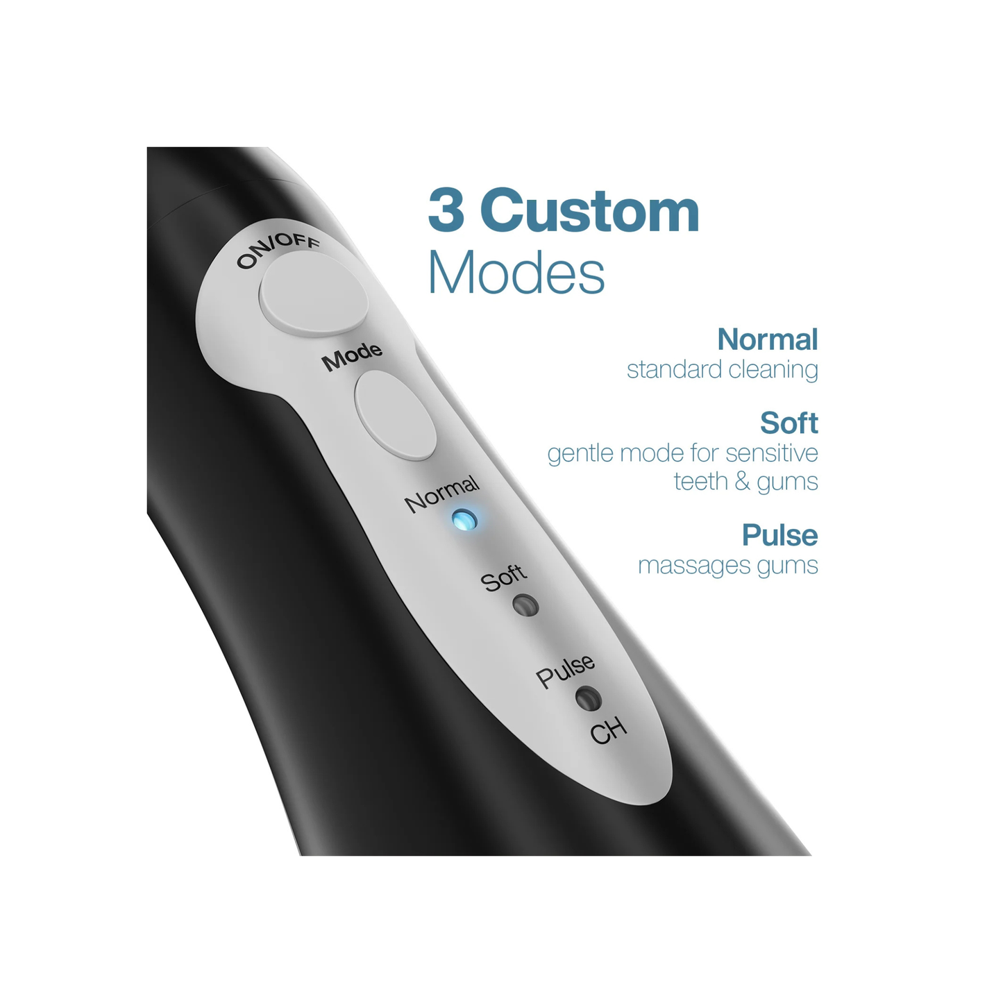 Panel de control del AquaSonic Aqua Flosser con 3 modos de intensidad: normal, suave y pulso