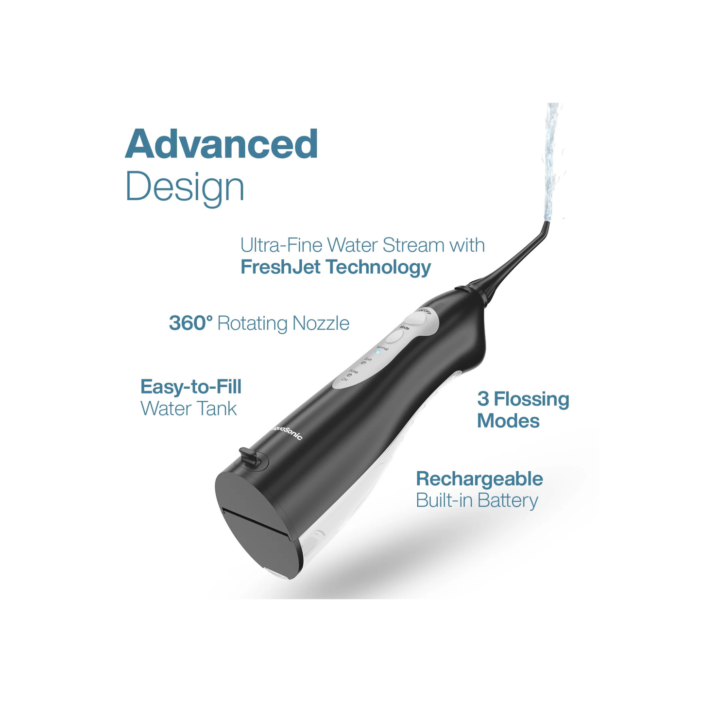 Irrigador bucal AquaSonic en funcionamiento: chorro de agua ultra fino, boquilla giratoria 360°, depósito de agua extraíble y batería recargable