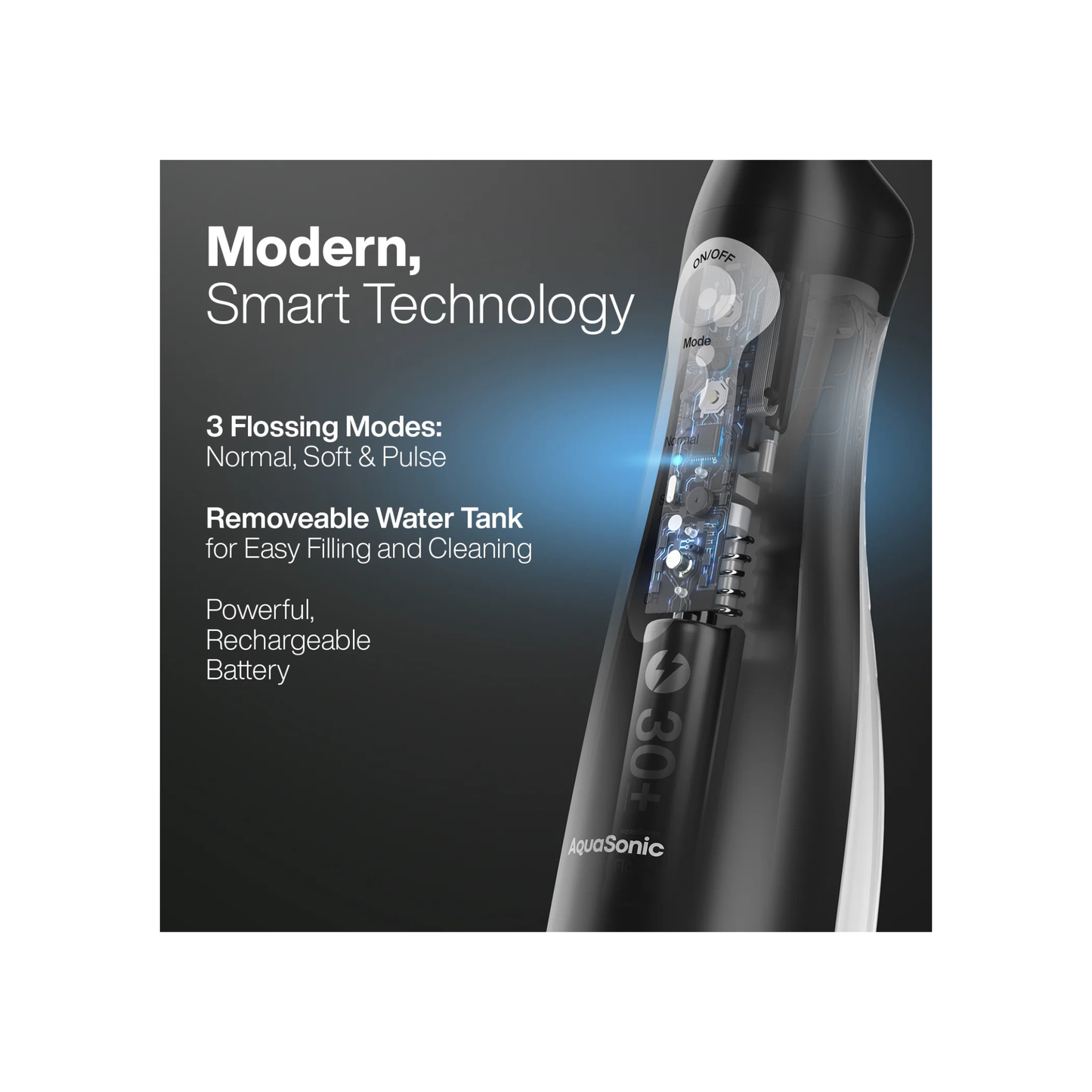 Vista interna del AquaSonic Aqua Flosser mostrando su batería recargable y componentes electrónicos