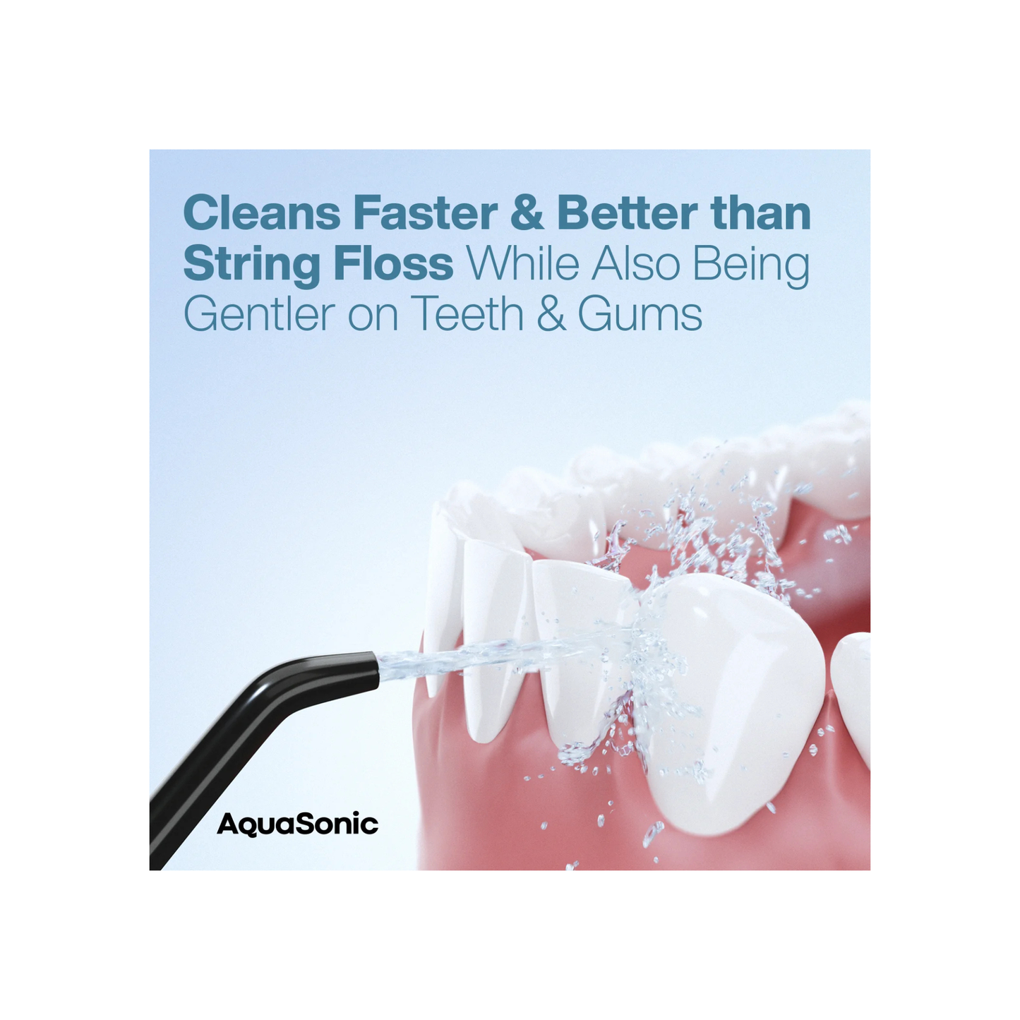 Ilustración comparativa del chorro de agua del AquaSonic Aqua Flosser limpiando entre los dientes, presentado como más eficaz que el hilo dental tradicional