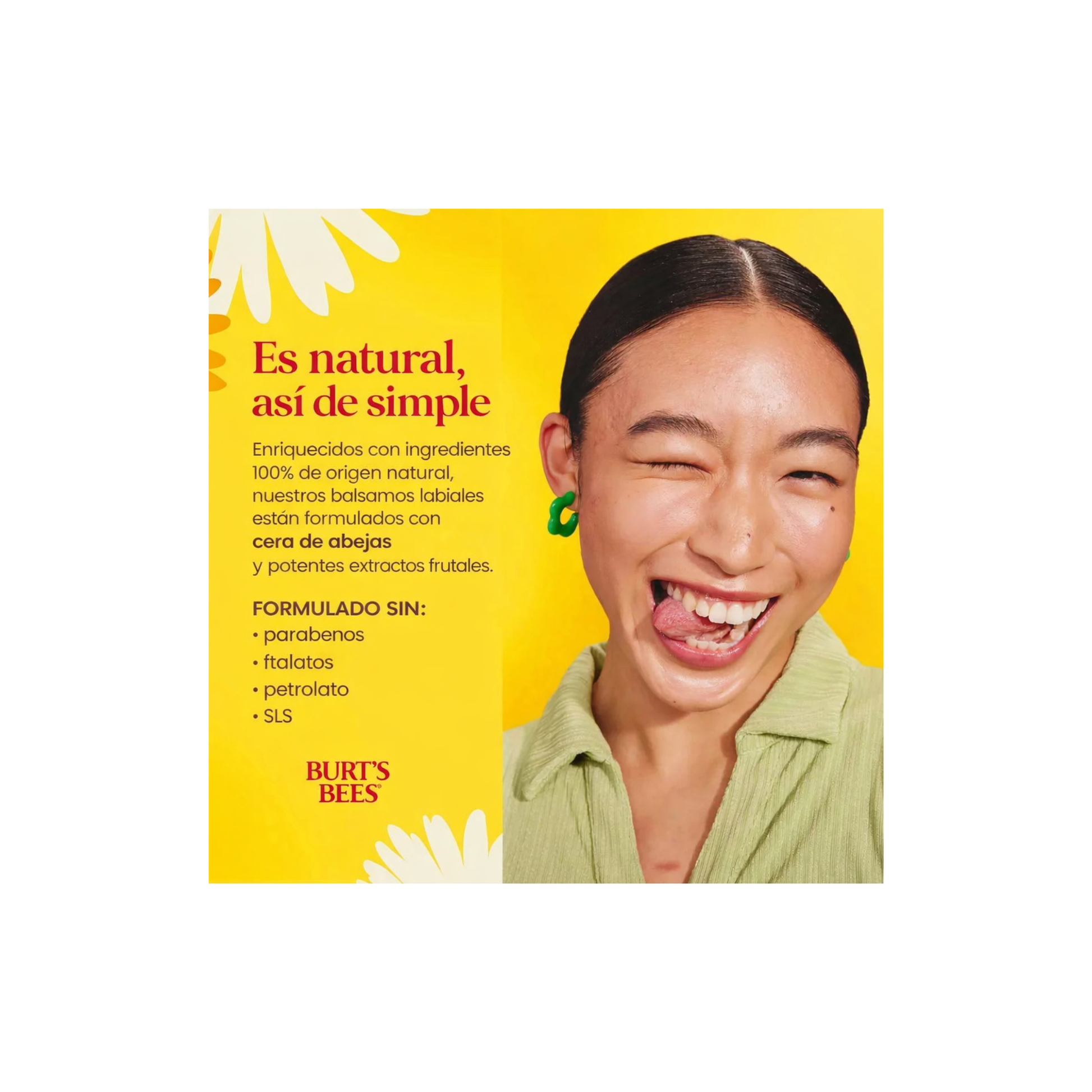 Mujer sonriendo junto al texto 'Es natural, así de simple': ingredientes 100% naturales, sin parabenos, ftalatos, petrolato ni SLS