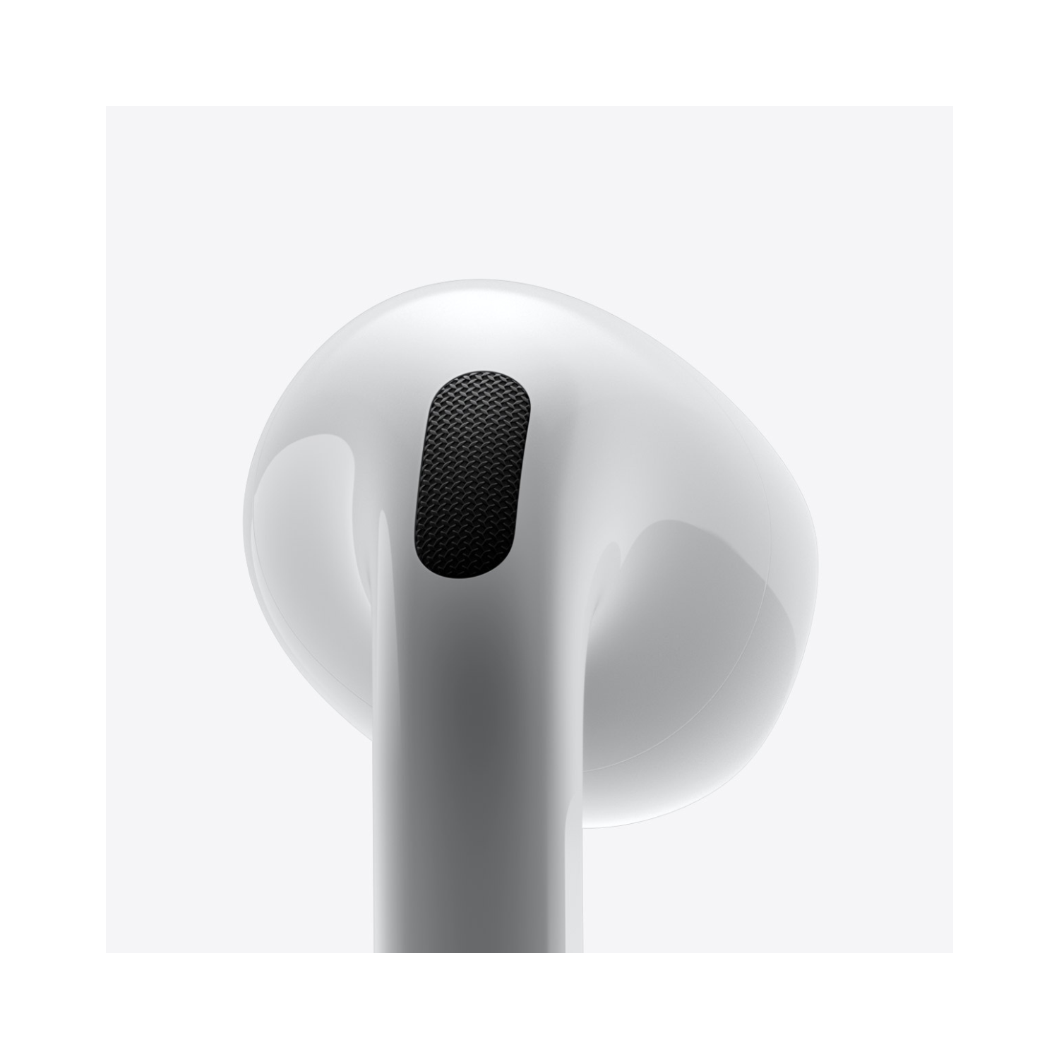 Vista superior del auricular Apple AirPods 4 mostrando el sensor de fuerza integrado en el tallo