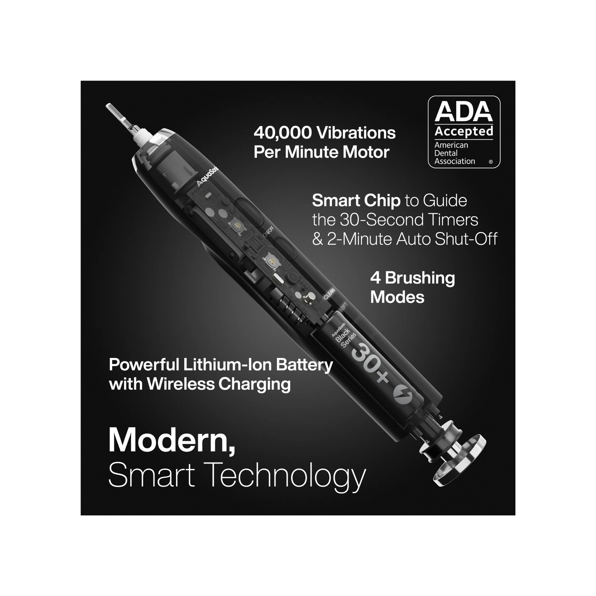 Vista despiece del cepillo Aquasonic Black Series: motor de 40.000 vibraciones por minuto, chip inteligente con temporizadores de 30 segundos y apagado automático a los 2 minutos, batería de litio con carga inalámbrica